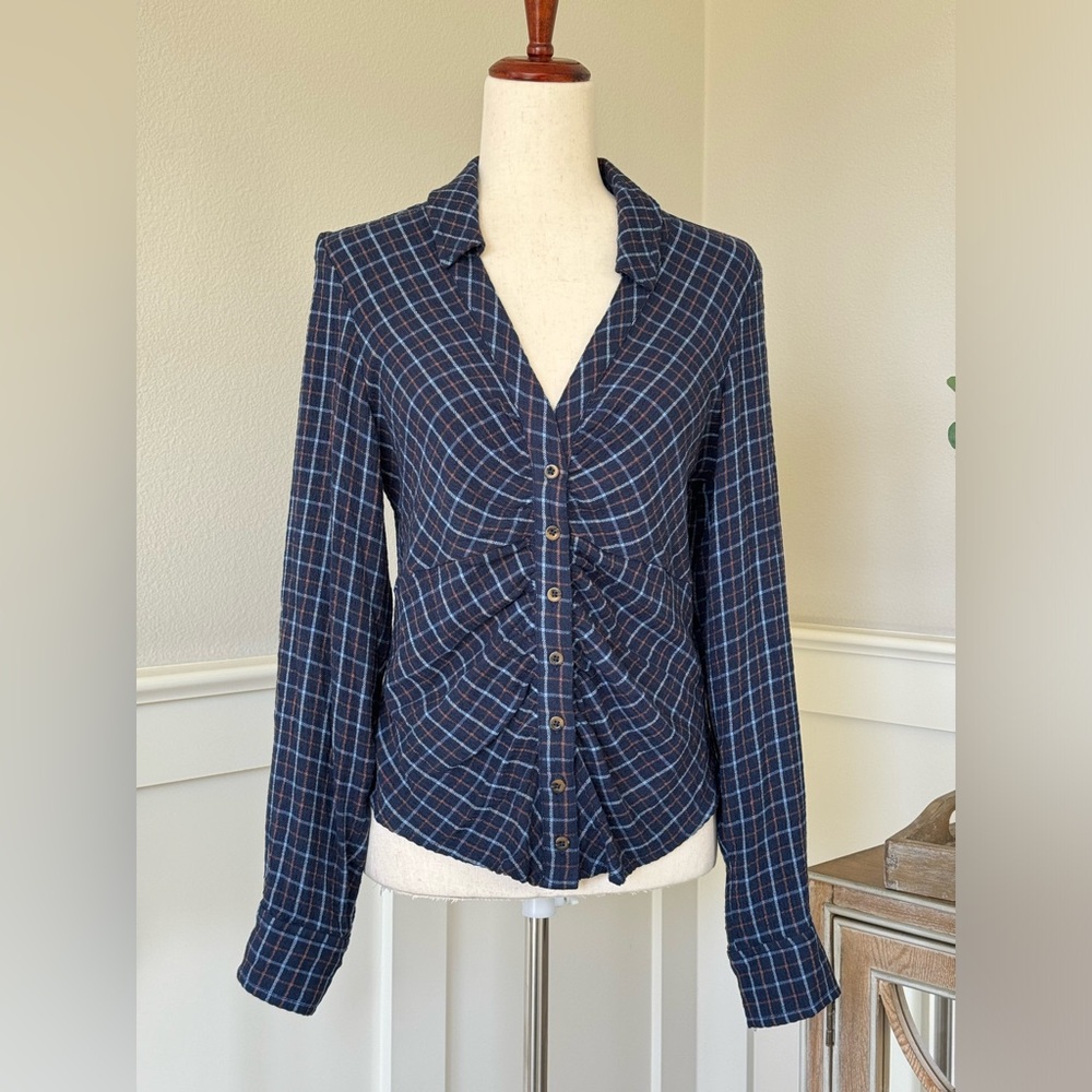 Anthropologie Pilcro Keaton Plaid Ruched Long Sleeve Collared Blouse Blue Sz S - Picture 2 of 15